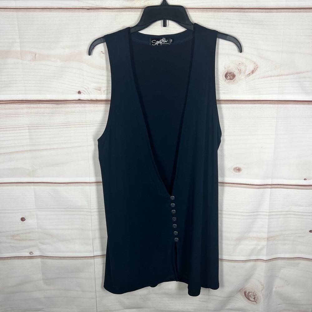 Sympli Top Womens Size 10 Blue Vest Button Front Sleeveless Tunic Stretch Solid